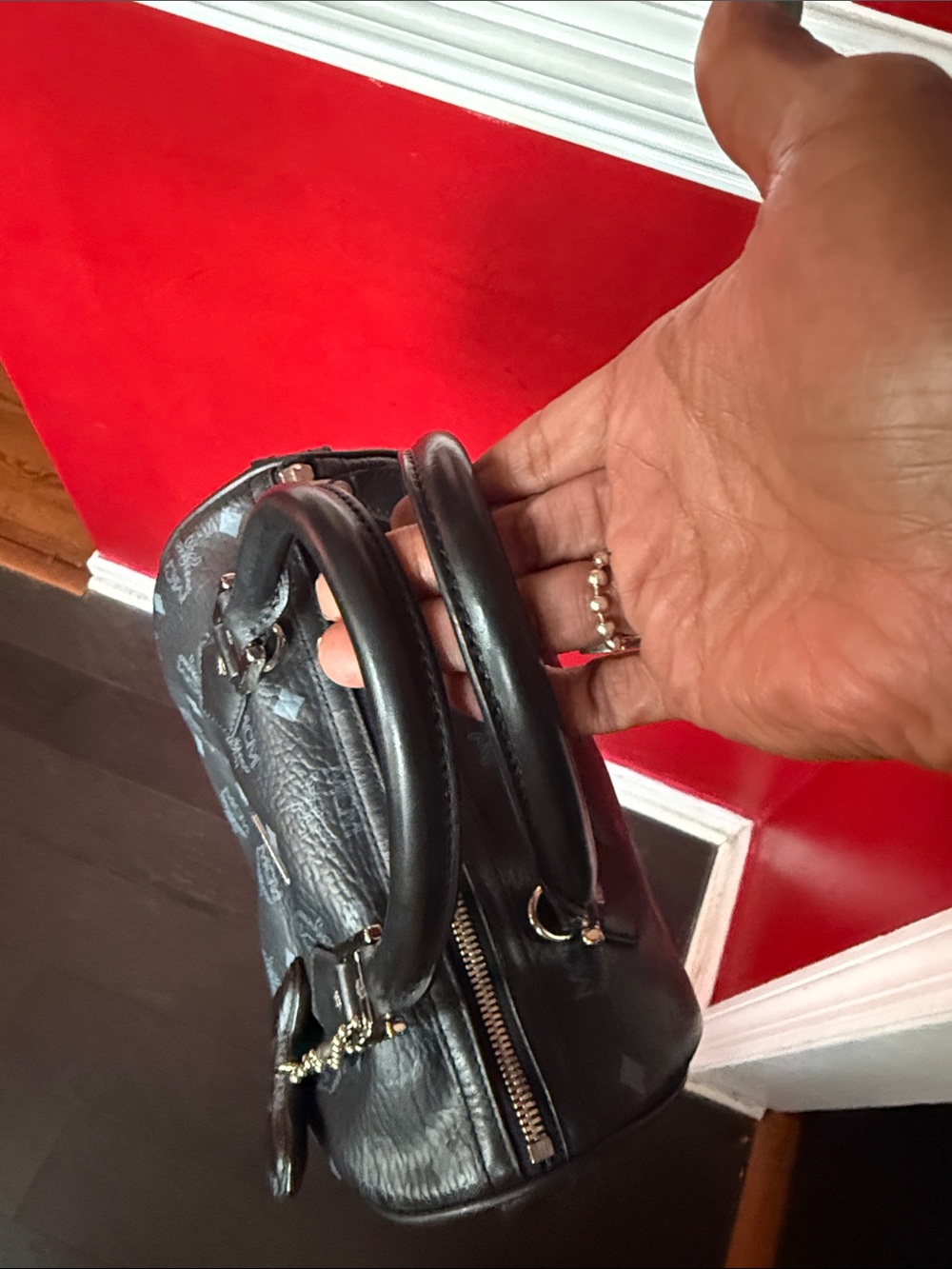 MCM Black Monogram Leather Satchel with Bone Charm - Picture 5 of 12
